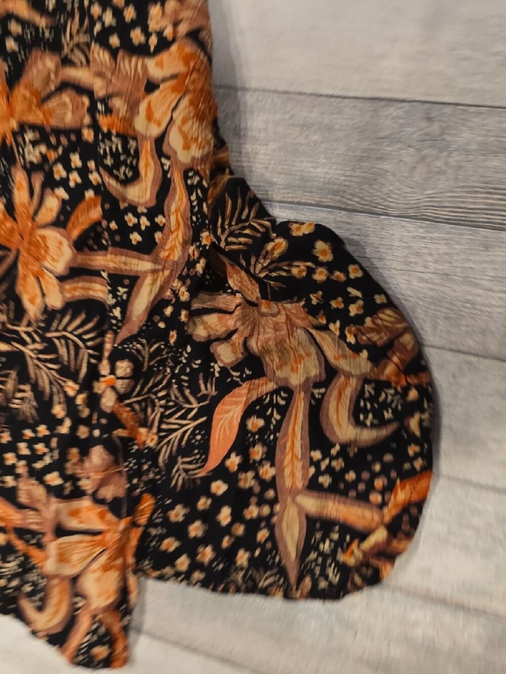 Angie Midi Black Dress with Orange and Brown Floral Accents Size Large Smocked - Picture 4 of 6